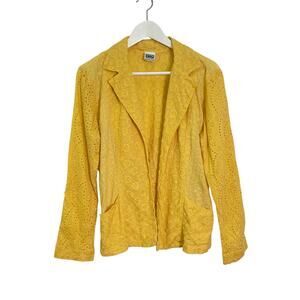 Johnny Was Vintage Yellow Embroider Eyelet Open Front Fitted Blazer Jacket Sz M